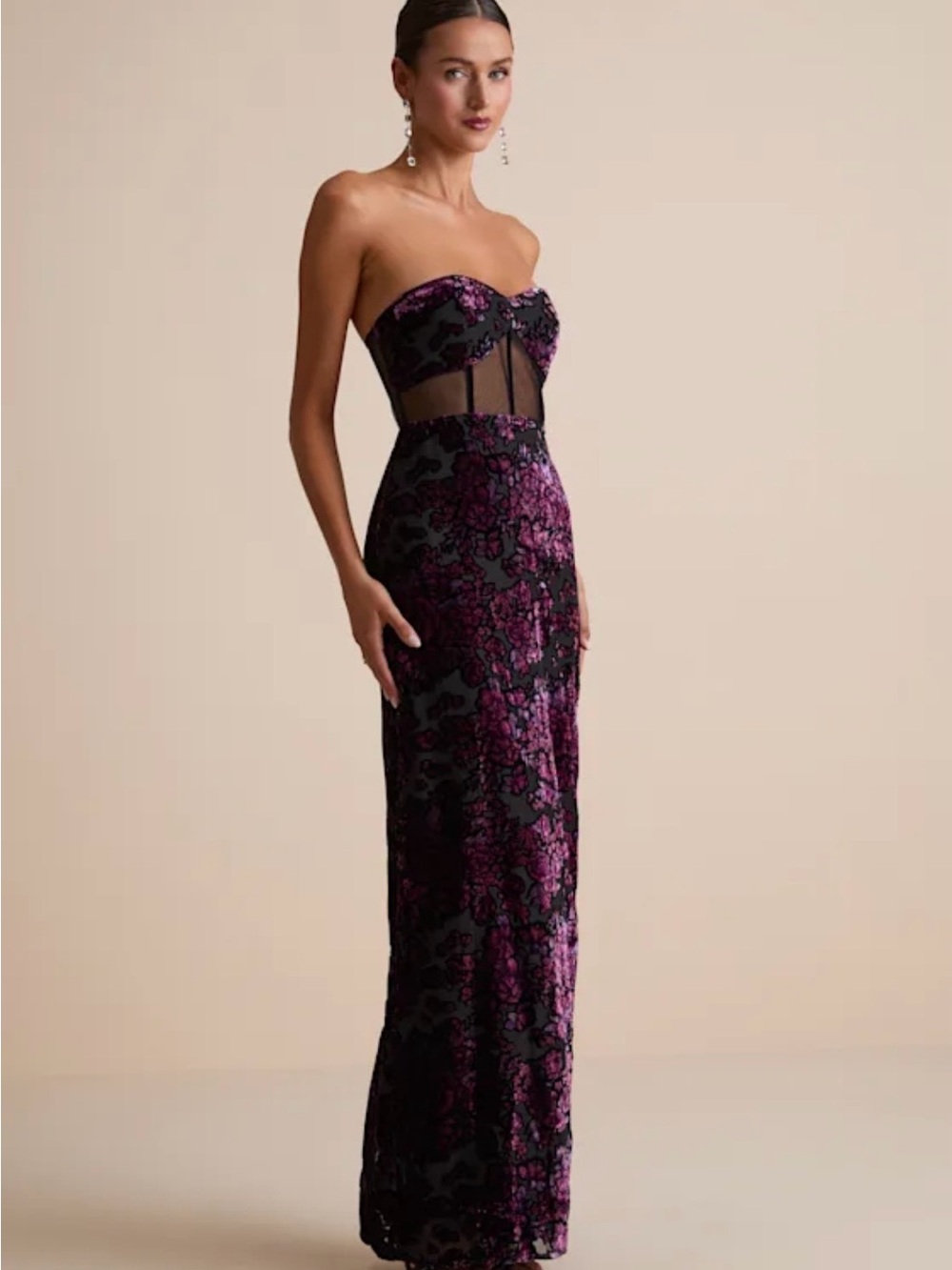 Lulu's Strapless Black Maxi Dress with Purple Floral Lace